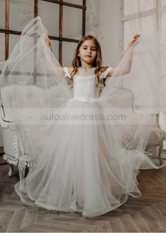 Cold Shoulder Ivory 3D Flowers Tulle Flower Girl Dress